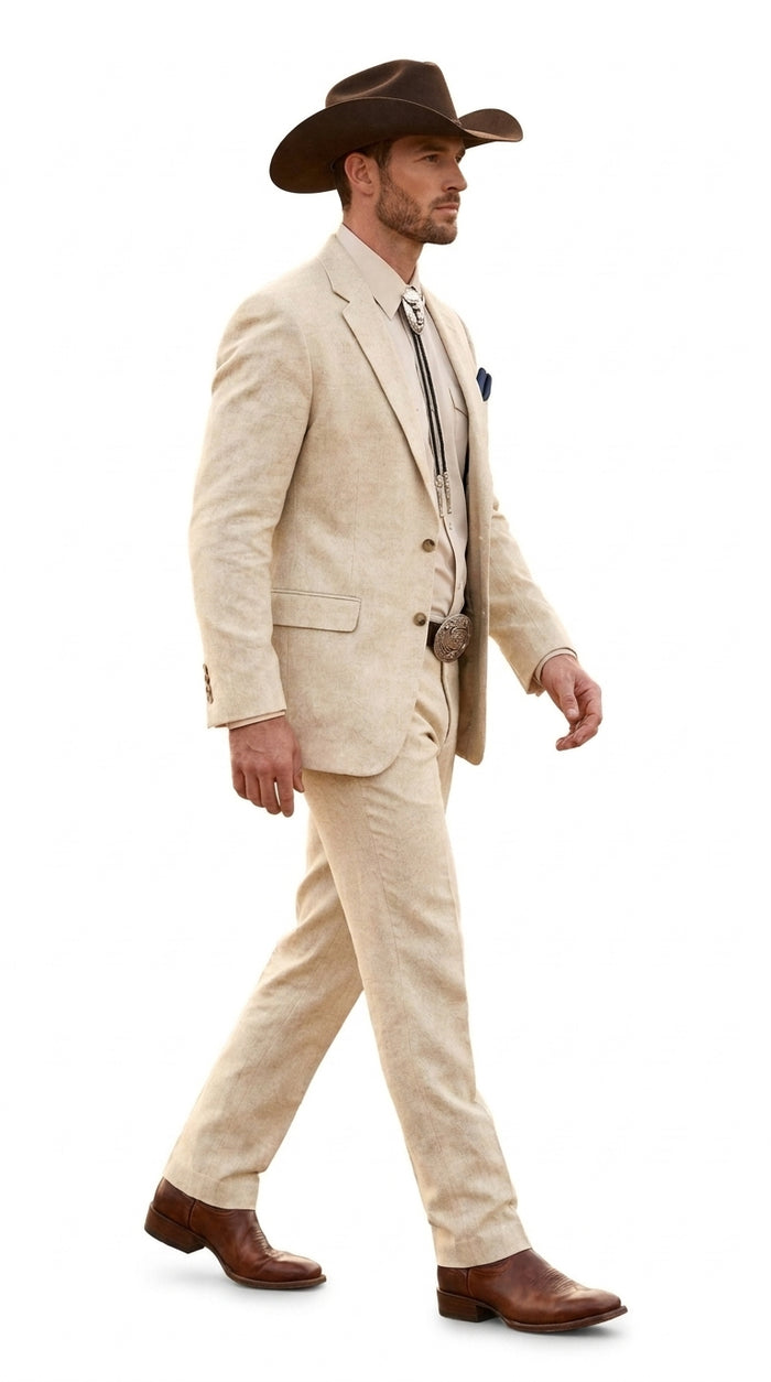 Men’s Natural Sand Linen Western Suit – Cowboy Wedding Jacket & Pants Linen Suit