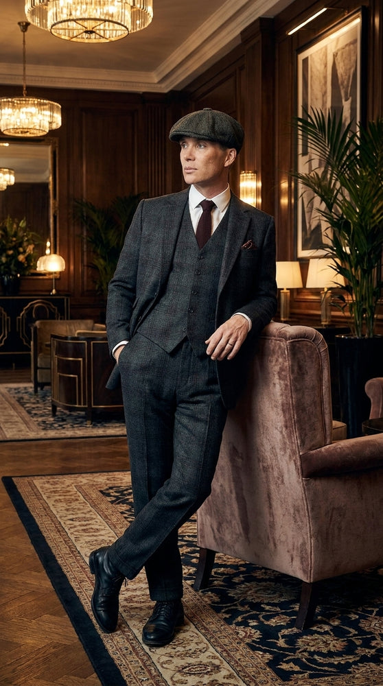 Men's Thomas Shelby Dark Grey Plaid 3-Piece Suit – Peaky Blinders 1920s Vintage Tweed-Style Wedding Suit with Matching Vest & Pants