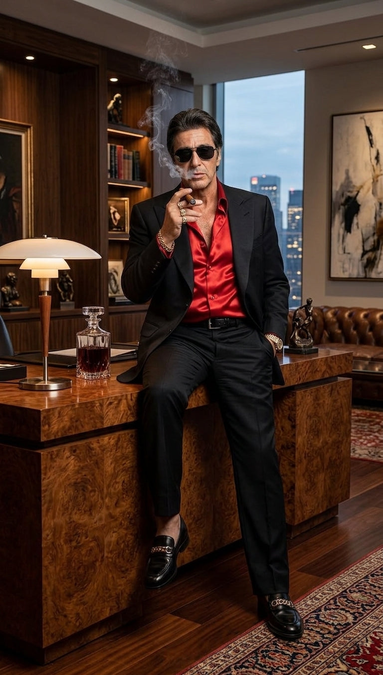 Tony Montana’s Black Blazer with Red Sateen Shirt – Men’s Black Formal Blazer and Red Satin Style Shirt Outfit for Party, Wedding and Vintage Wear