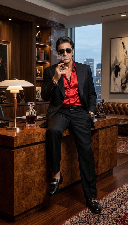 Tony Montana’s Black Blazer with Red Sateen Shirt – Men’s Black Formal Blazer and Red Satin Style Shirt Outfit for Party, Wedding and Vintage Wear