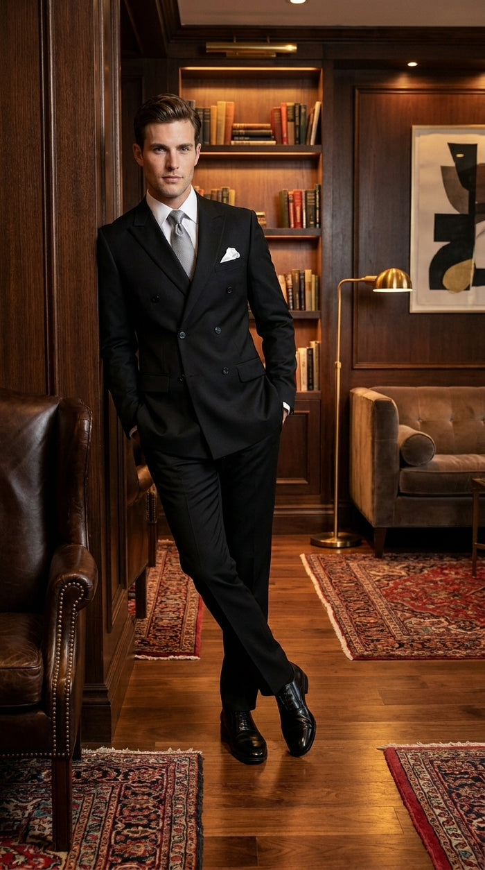 Statement Confidence Men'S Black Double Breasted Wool Italian Design Suit