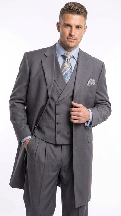 Men’s Grey 4-Button Zoot Suit – Four Buttons 3-Piece Fashion Suit with Double-Breasted Vest and Pleated Pants