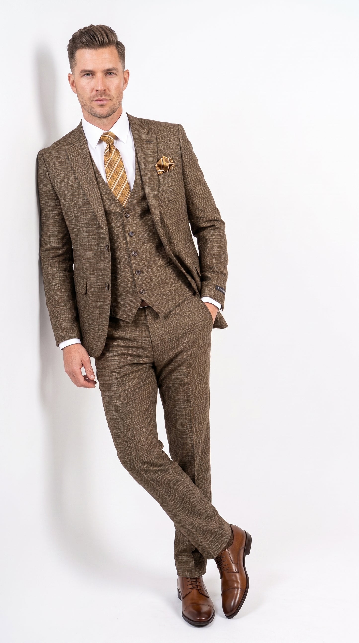 Men's Great Gatsby Brown Checker Plaid Texture 3-Piece Suit – Classic Fit Business, Wedding & Formal Suit Set - Victorian style 1920s