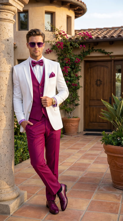 White and Burgundy Tuxedo Wedding Suit for Men – White Dinner Jacket with Burgundy Vest, Pants and Bow Tie