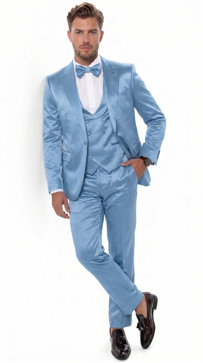 Men’s Powder Blue Satin Tuxedo – Light Blue Wedding & Prom Tuxedo Suit