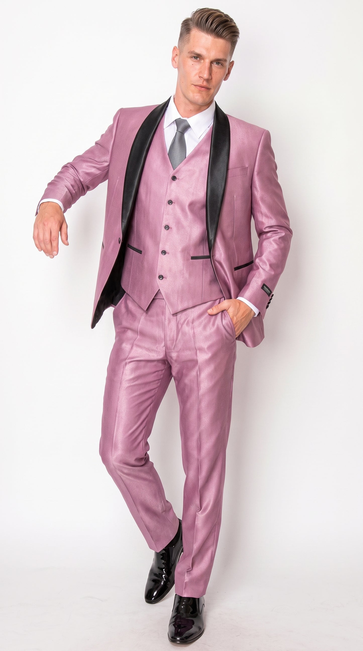 Men’s Shiny Mauve Pink 3 Piece Tuxedo – Wedding & Prom Suit with Black Shawl Lapel
