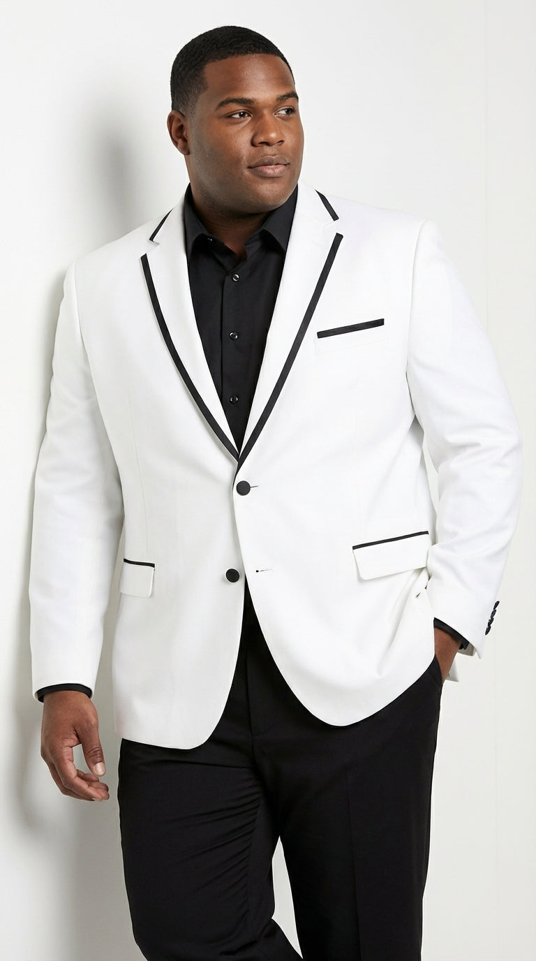 Men’s White Disco Blazer 70s Era Costume Jacket – Black Trim Retro Party Blazer, Vintage Dance Outfit, Stylish Evening Themed Wear