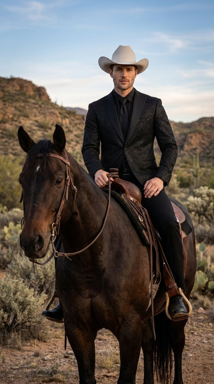 Men’s Black Western Tuxedo Blazer – Shimmer Cowboy Dinner Jacket Shiny Sparkely