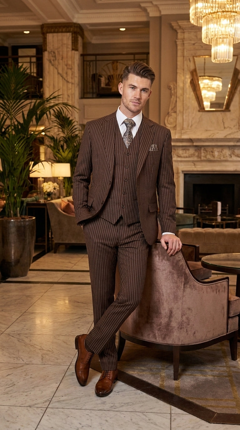 Men’s Brown Pinstripe Edwardian 3 Piece Suit – Vintage Victorian Wedding Suit with Vest