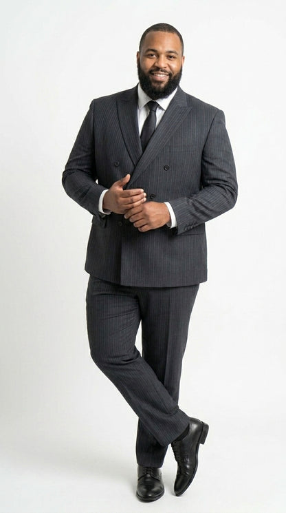 Men’s Black Pinstripe Double Breasted Suit – Classic Formal Business Suit Office and Evening Wear Modern Fit Conservative pattern