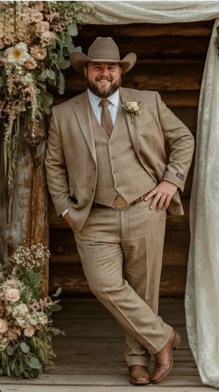 Mens Sharkskin Dark Taupe Tan with sheen Western 3 Piece Suit – Classic Country Style Blazer Vest Pants Set, Formal Cowboy Suit Outfit