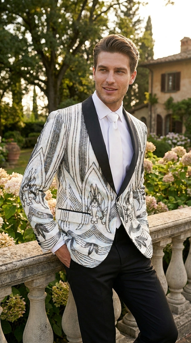 Men’s White and Black Patterned Tuxedo Blazer – Luxury Designer Dinner Jacket for Wedding, Prom and Formal Events New Year Christmas Holiday