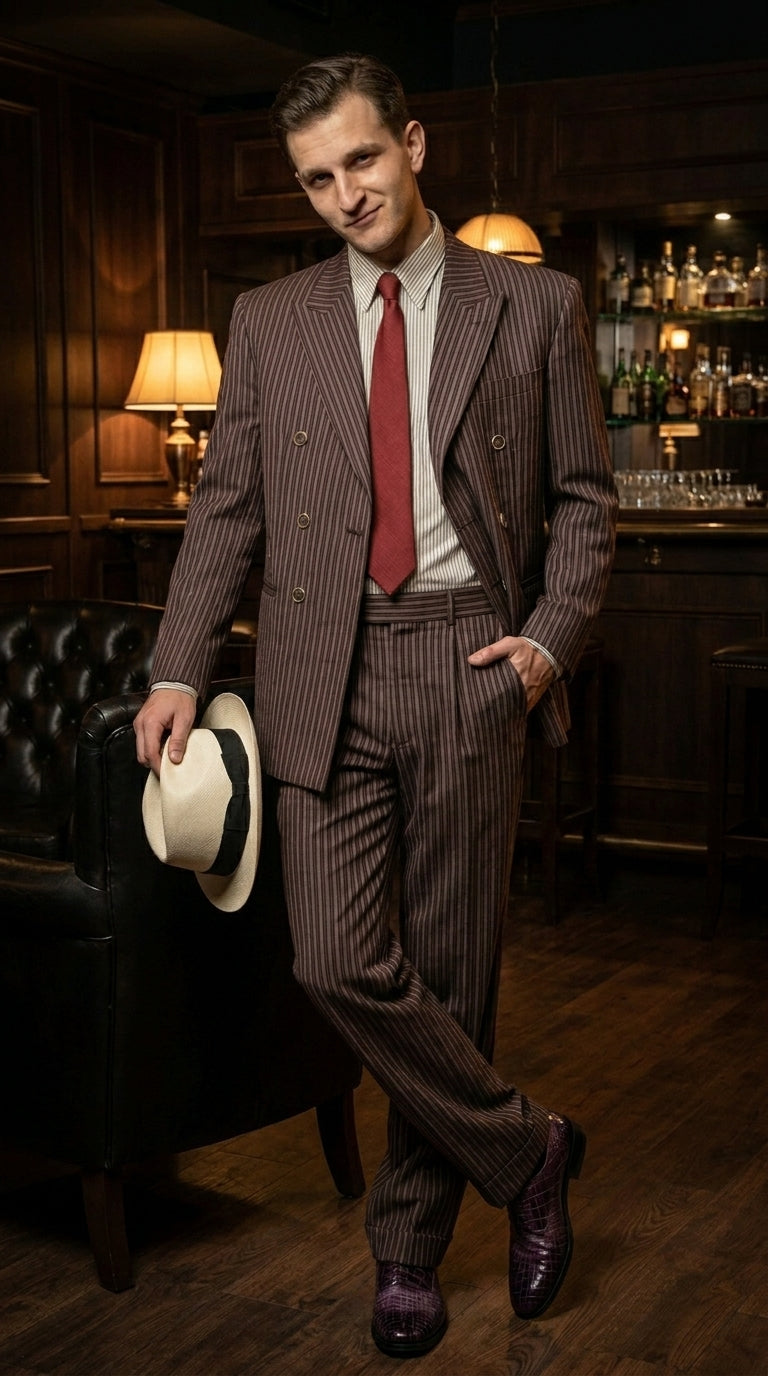 Men’s Brown Pinstripe Bonnie and Clyde Costume Suit – Vintage Gangster 1920s Outfit for Party, Halloween and Themed Events Modern Fit
