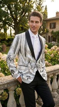 Men’s White and Black Patterned Tuxedo Blazer – Luxury Designer Dinner Jacket for Wedding, Prom and Formal Events New Year Christmas Holiday