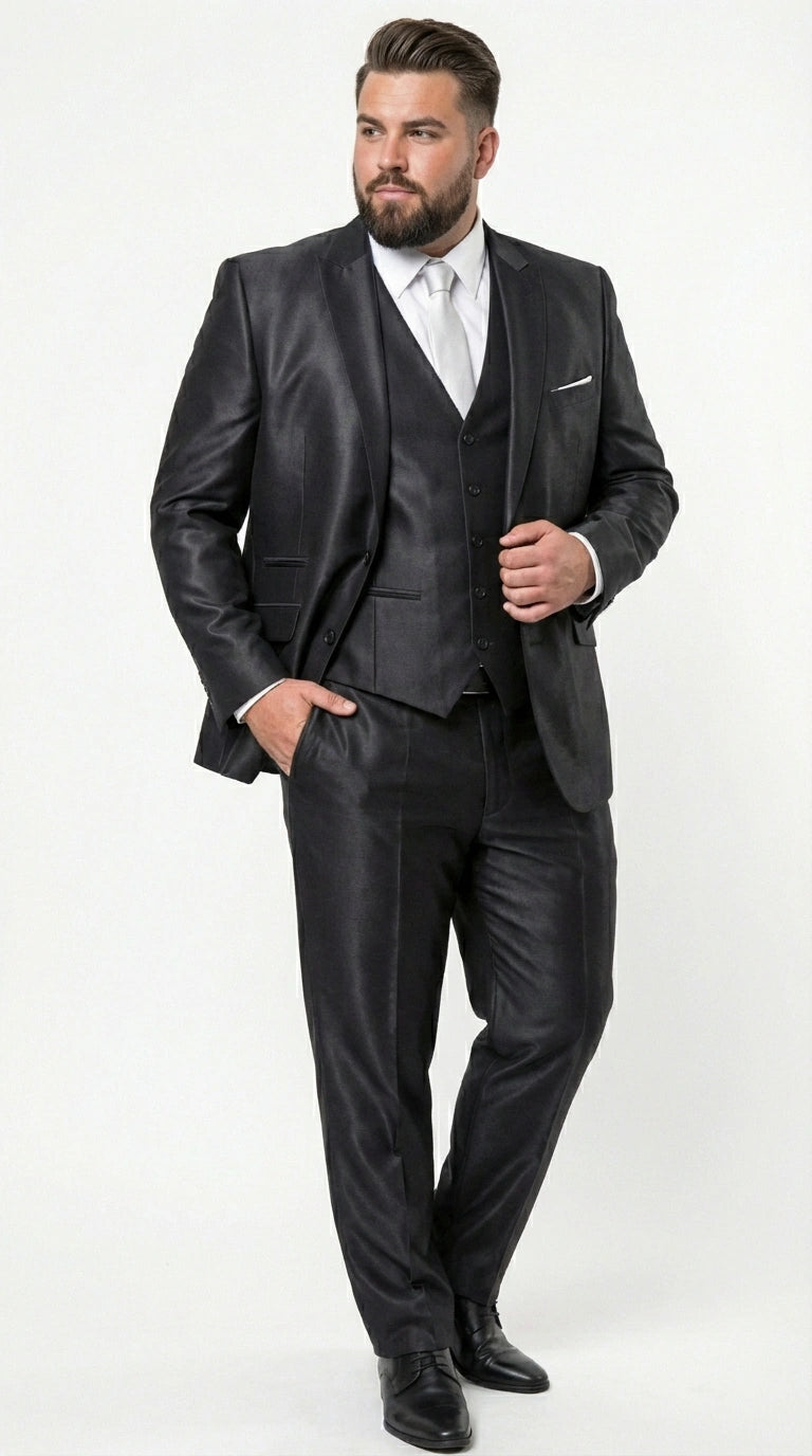 Men’s Black Three Piece Suit –3PC Formal Suit with Vest for Wedding, Prom and Business Events Sharkskin Shiny Fabric  Modern Fit