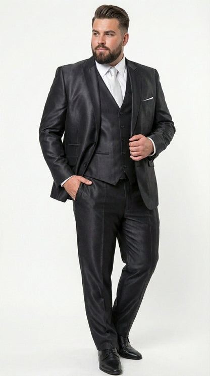 Men’s Black Three Piece Suit –3PC Formal Suit with Vest for Wedding, Prom and Business Events Sharkskin Shiny Fabric  Modern Fit