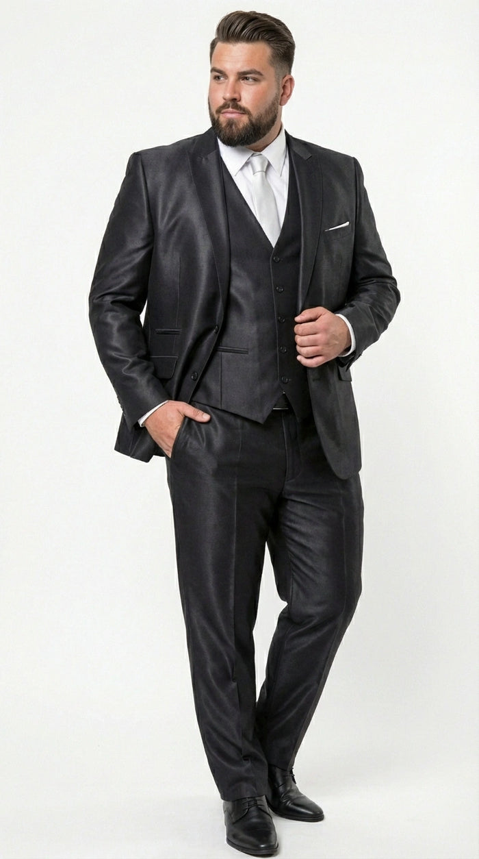 Men’s Black Three Piece Suit –3PC Formal Suit with Vest for Wedding, Prom and Business Events Sharkskin Shiny Fabric  Modern Fit