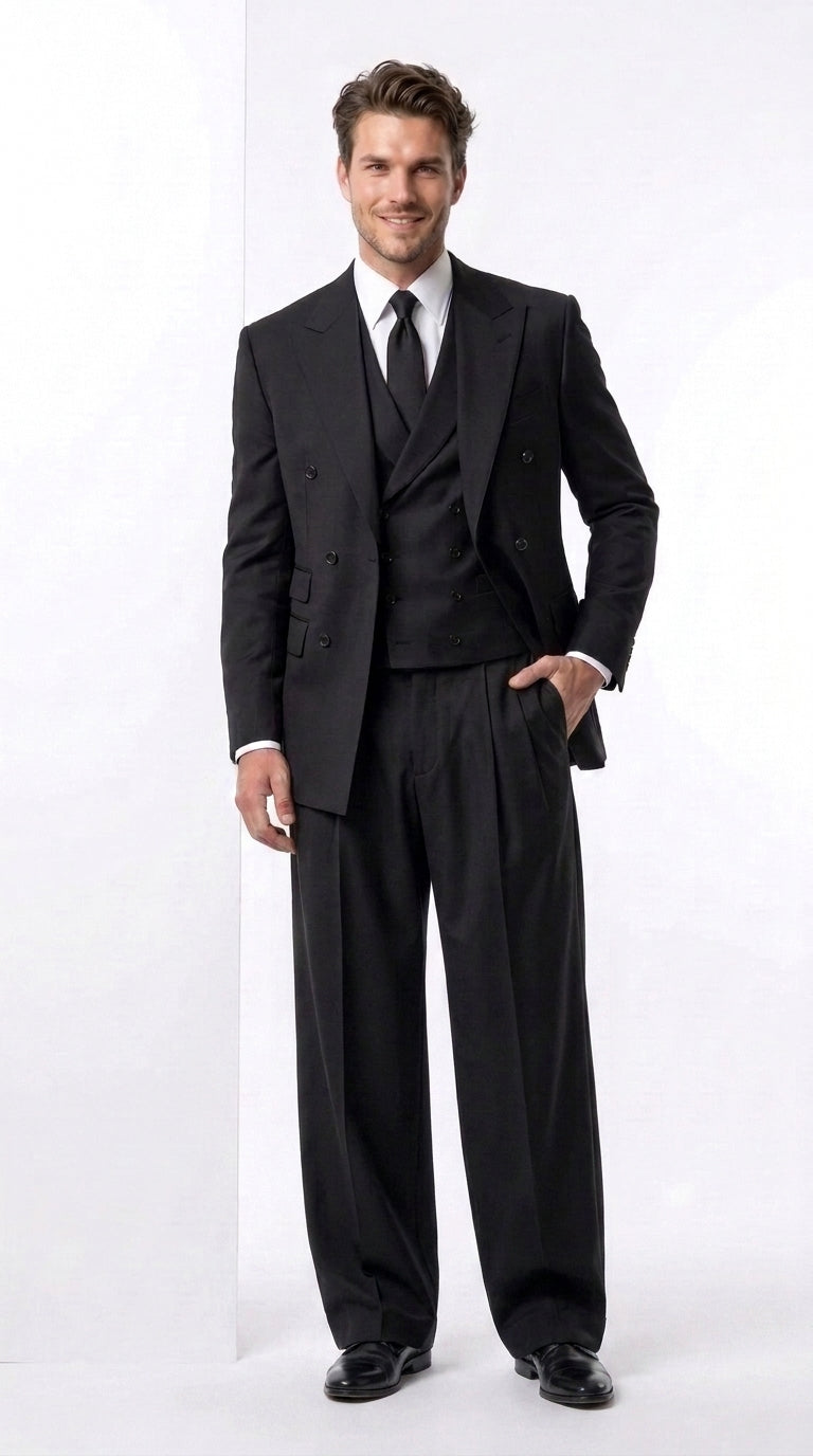 Tiglio Rosso Men’s Black Super 150’s Italian Wool 3-Piece Suit – Double-Breasted Jacket, Vest and Wide-Leg Pleated Pants