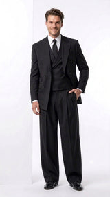 Tiglio Rosso Men’s Black Super 150’s Italian Wool 3-Piece Suit – Double-Breasted Jacket, Vest and Wide-Leg Pleated Pants