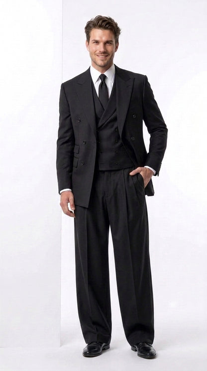Tiglio Rosso Men’s Black Super 150’s Italian Wool 3-Piece Suit – Double-Breasted Jacket, Vest and Wide-Leg Pleated Pants