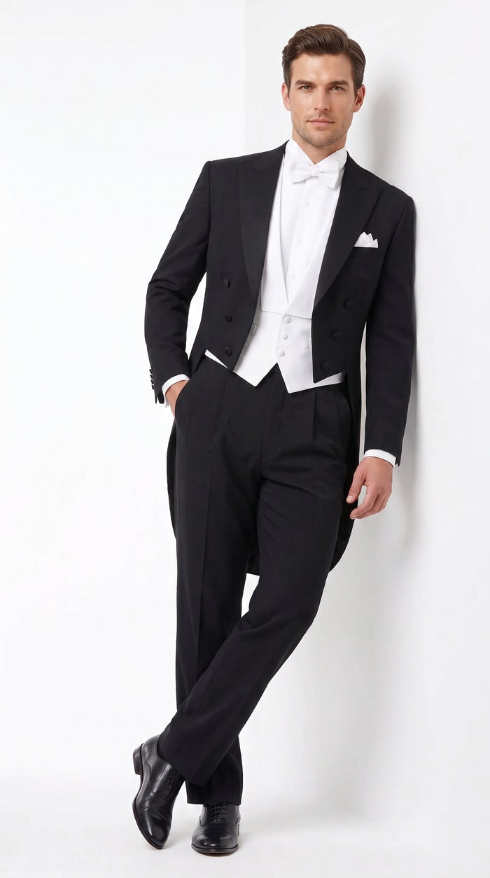 Men’s Black Victorian Tailcoat Tuxedo – 1800s 19th Century Edwardian Peak Lapel Formal Suit