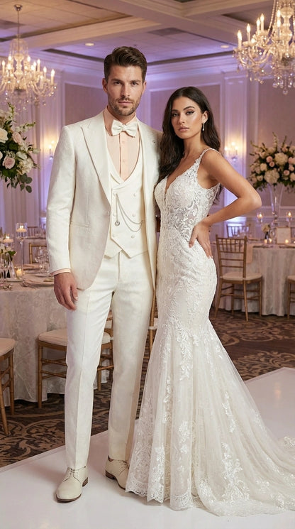 Vinci Men’s Ivory Three Piece Suit – Ivory 3PC Formal Wedding Suit for Groom, Prom and Black Tie Events  Modern Fit