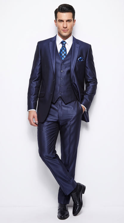 Men's Shiny Navy Blue Sateen 3-Piece Suit – Elegant Wedding, Prom Dress Suit with Matching Vest and Pants Slim Fitted