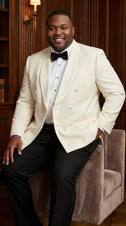 Men’s Ivory Wool Dinner Jacket – Classic Double Breasted Formal Tuxedo Jacket for Wedding and Black Tie Events