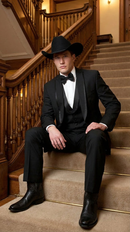 Black Western Tuxedo for Men | Classic Three Piece Formal Wedding Peak Lapel with Trim Collar Cowboy Suit - Image 11