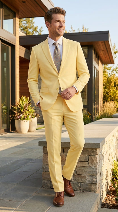 Men’s Pale Yellow 2 Piece Suit, Formal Dress Suit for Weddings, Prom, Parties, Summer Events, and Special Occasions By Vitali Modern Fit