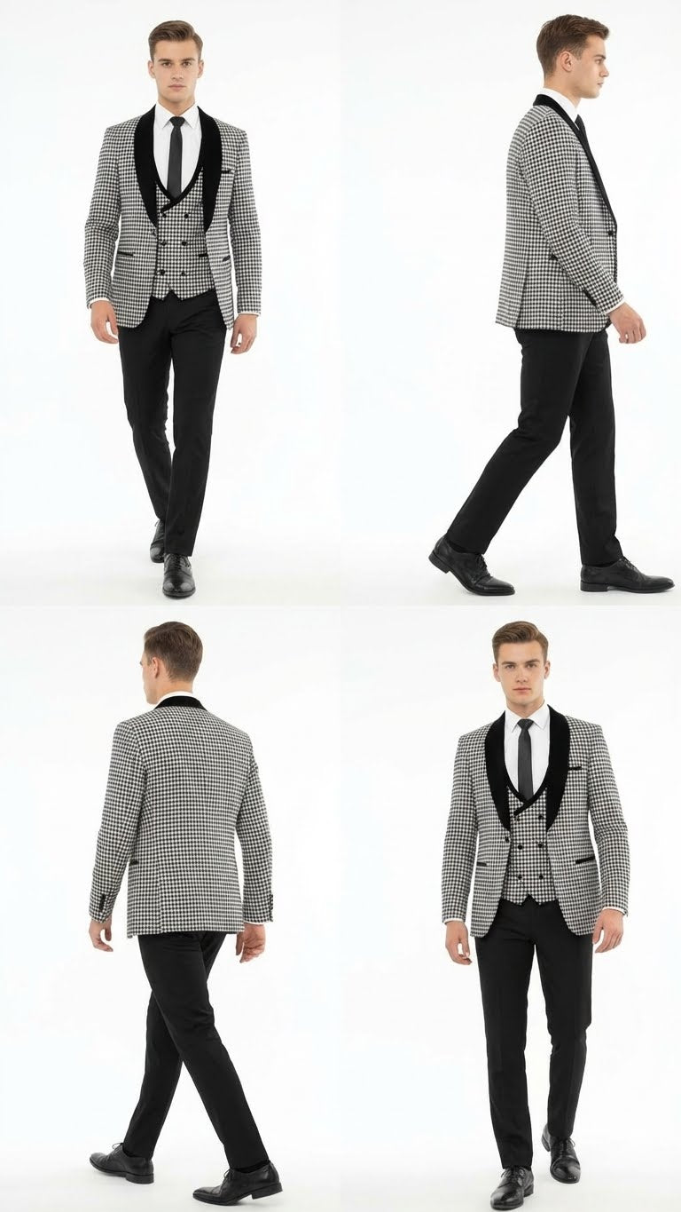Men’s Black and White Houndstooth Tuxedo Set with Velvet Shawl Lapel | 3-Piece Formal Suit with Black Double-Breasted Vest