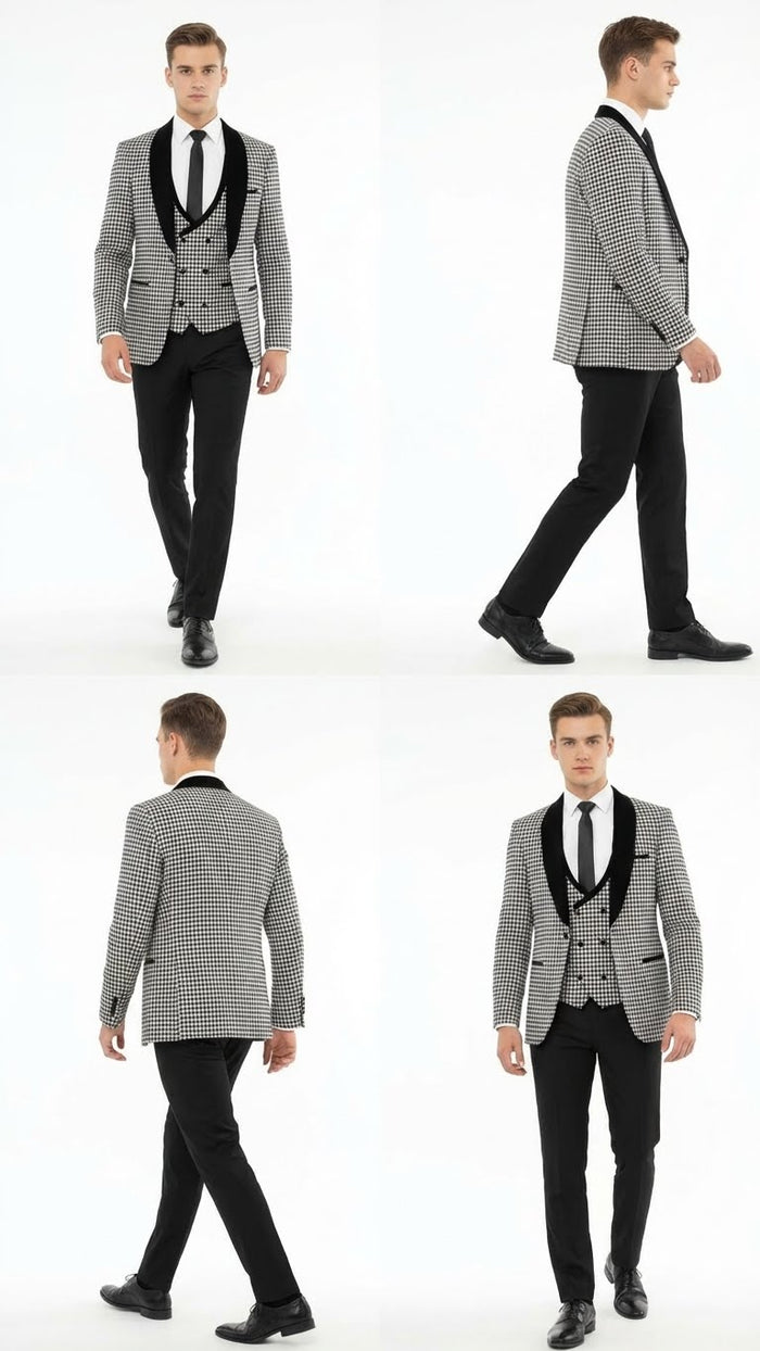 Men’s Black and White Houndstooth Tuxedo Set with Velvet Shawl Lapel | 3-Piece Formal Suit with Black Double-Breasted Vest