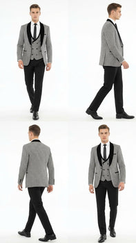 Men’s Black and White Houndstooth Tuxedo Set with Velvet Shawl Lapel | 3-Piece Formal Suit with Double-Breasted Vest
