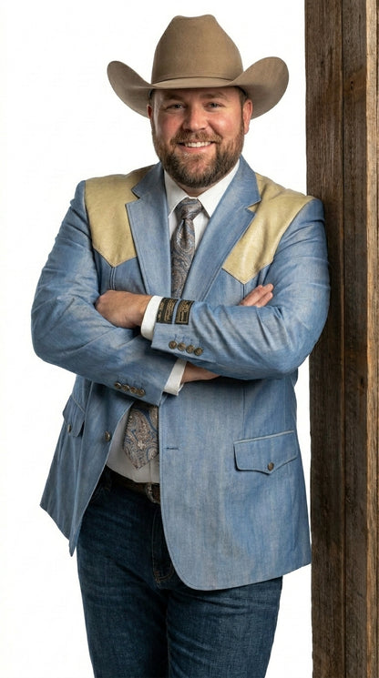 Men’s Steel - Light Blue and Bone Color Western Cowboy Blazer – Shiny Country Style Dress Jacket for Rodeo Saco De Hombre Vaquero