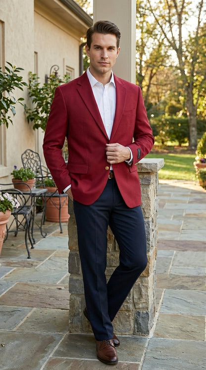 Men’s Burgundy Wine Maroon Dress Casual Blazer with Notch Lapel, Designer Fashion Sportscoat
