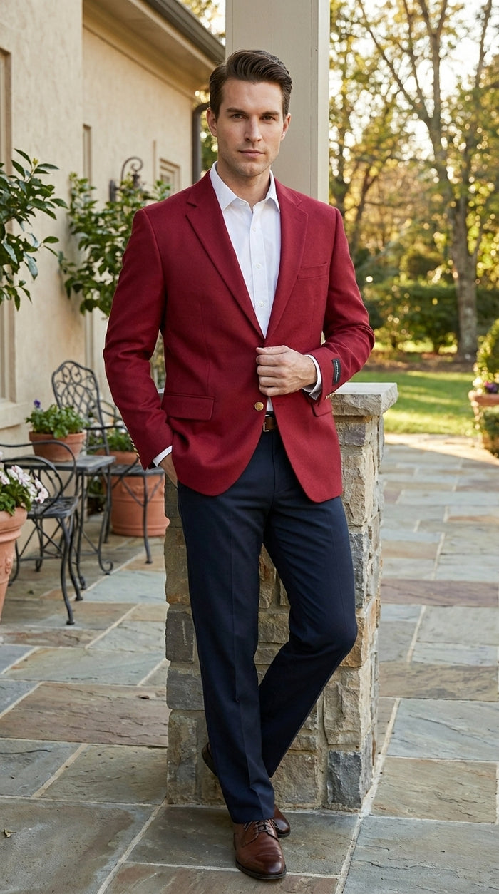Men’s Burgundy Wine Maroon Dress Casual Blazer with Notch Lapel, Designer Fashion Sportscoat