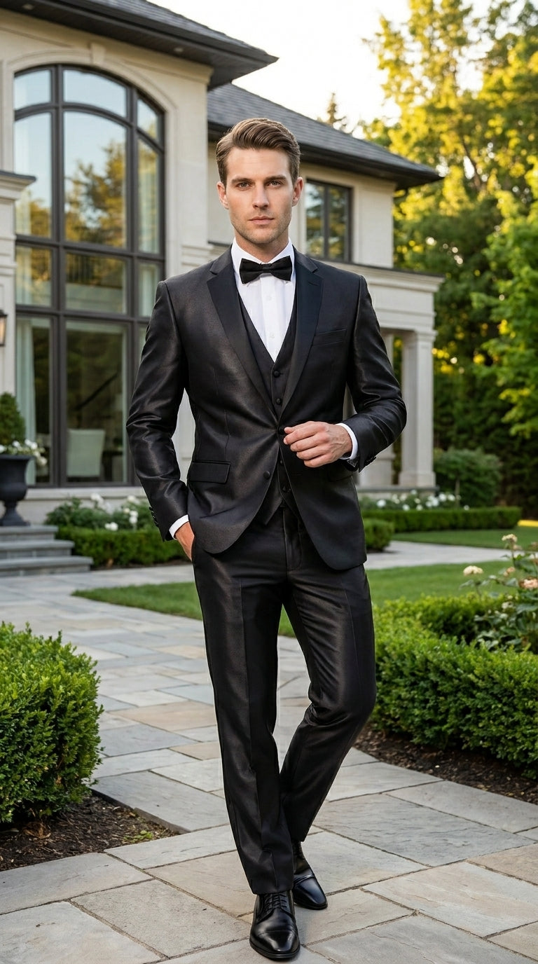 Men’s Black Two Tone Vested Wool Suit with 2 Button Jacket and Black Lapel, Italian Tuxedo Style
