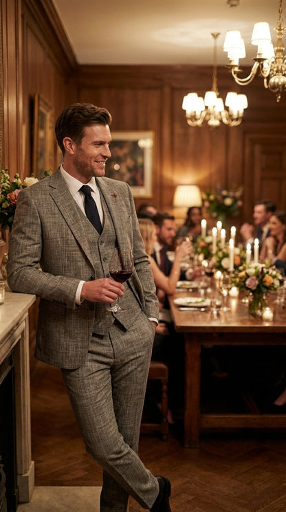 Vitali Brand Men’s Grey Textured Patterned 3 Piece Suit – Modern Fit Checkered Sharkskin with Blazer, Vest & Trousers, Business Wedding