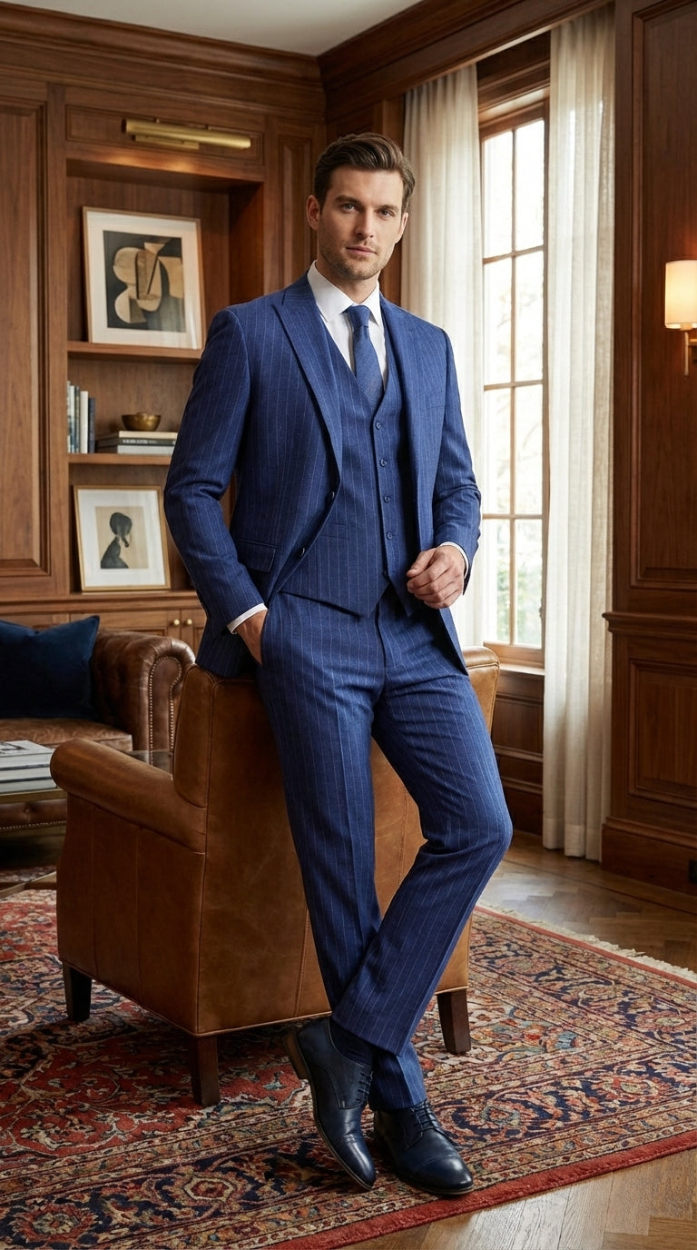 Men’s Cobalt Blue 3 Piece Suit – Indigo Light Blue Pinstripe Formal Suit with Vest for Wedding, Business Two buttons Modern Fit