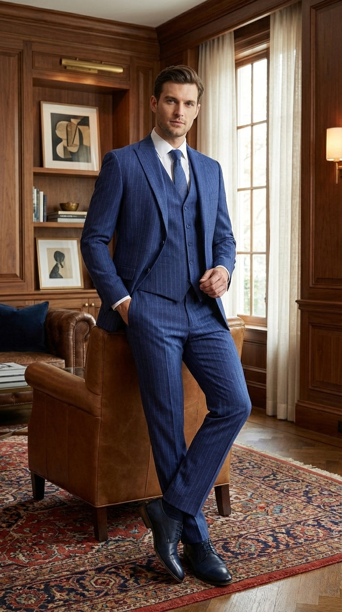 Men’s Cobalt Blue 3 Piece Suit – Indigo Light Blue Pinstripe Formal Suit with Vest for Wedding, Business Two buttons Modern Fit