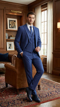 Men’s Cobalt Blue 3 Piece Suit – Indigo Light Blue Pinstripe Formal Suit with Vest for Wedding, Business Modern Fit Two buttons
