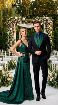 Men’s Black Suit with Hunter Green Shawl Lapel – Black and Hunter Green Formal Tuxedo Suit for Wedding, Prom With Bow Tie