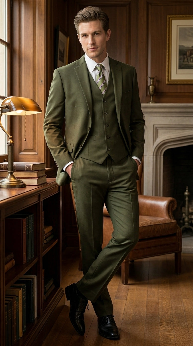 Men’s Olive 3 Piece Suit with Blazer, Vest and Pants, Formal Wedding Business Dress Suit