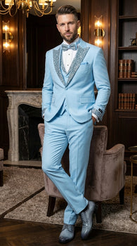 Mens Light Blue 3 Piece Prom Tuxedo – Sky Blue Formal Suit with Sequin Lapel Wedding Party Tuxedo Set in Baby Blue