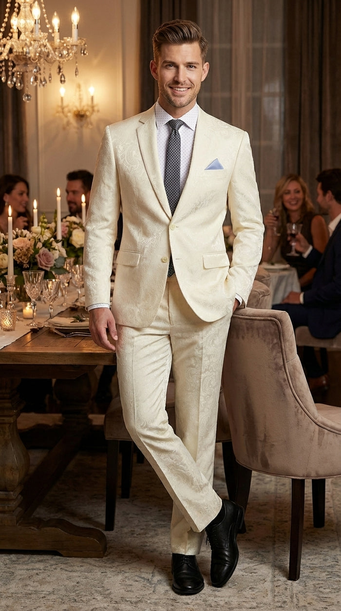 Men’s Ivory Paisley Shiny Suit – Flroal Formal Wedding and Prom Suit for Party, in Cream Off White Modern Fit