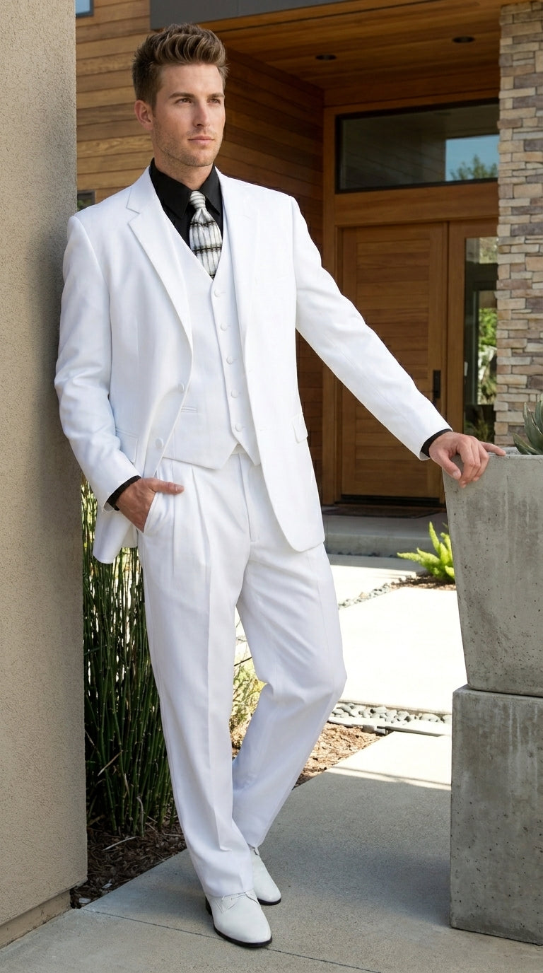 Men’s All White Classic 3 Piece Suit with High Vest, 3 Button Jacket and Pleated Pants