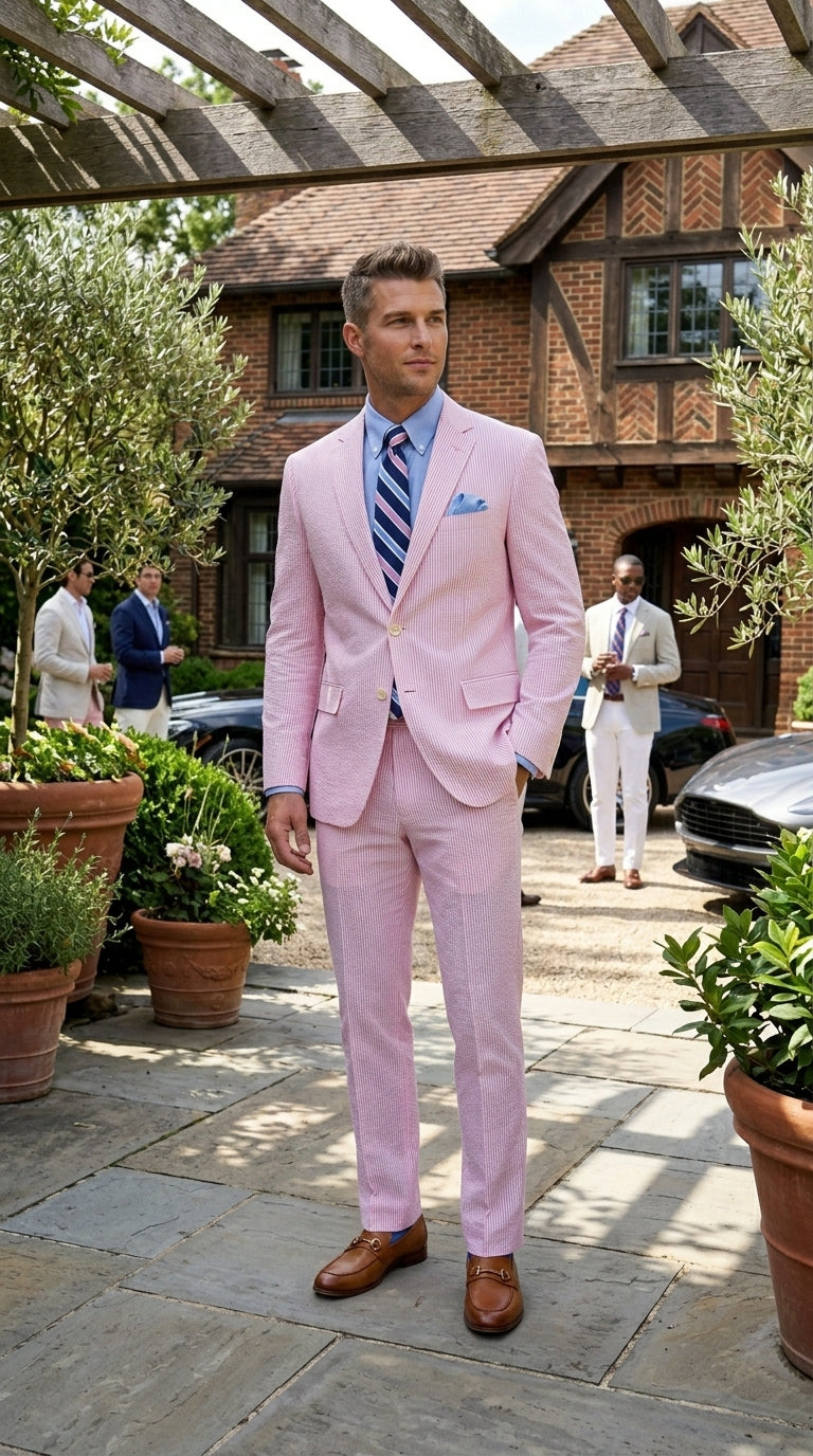 Men’s Pink Seersucker 2 Piece Suit, Lightweight Summer Dress Suit for Weddings, Prom, Parties, and Special Occasions Modern Fit