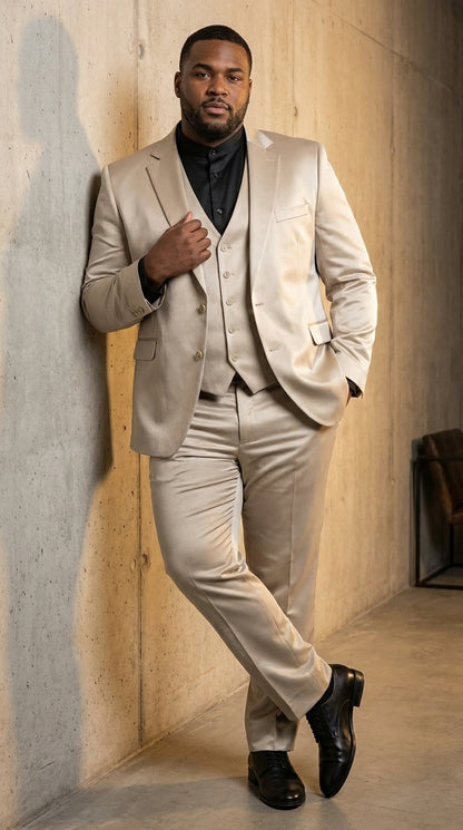 Mens 3-Piece Slim-Fit Shiny All Satin Suit Champagne