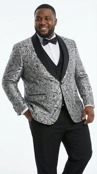 Mens Black and Silver Floral Tuxedo – Luxury Patterned Wedding, Prom and Formal Dinner Tuxedo