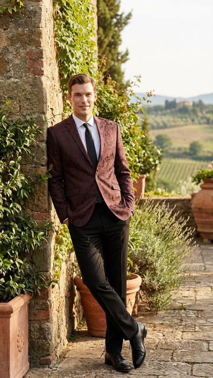 Men’s Burgundy Paisley Blazer Sport Coat – Velvet Dinner Jacket floral in Maroon Wine Color Ultra Slim Fit Smoking Jacket